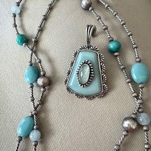 Carolyn Pollack Relios Amazonite Pearl Aquamarine Necklace + Pendant Set ~CP 925